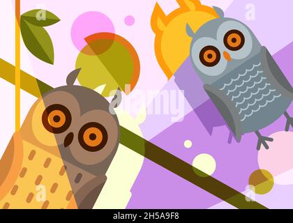 Banner with two owls. Placard design in flat style. Stock Vector