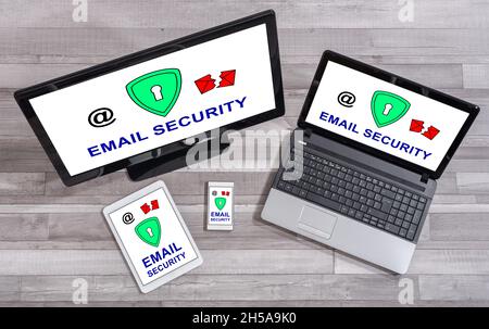 Email security concept shown on different information technology devices Stock Photo