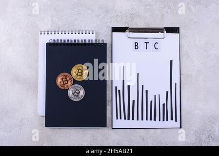 Bitcoin shedule on desk. Cryptocurrency concept Stock Photo
