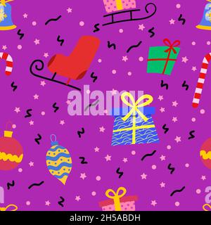 Vector Seamless pattern with gifts and confetti. boots, gift, skates, Stock Vector