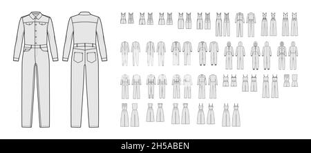 Set of jumpsuits overall technical fashion illustration with mini midi knee ankle length, long sleeves, straps, strapless, hoody. Flat front, back, grey color style. Women, men, unisex CAD mockup Stock Vector