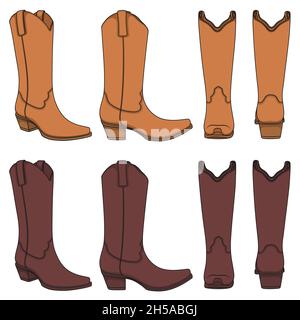 Set of color illustrations with cowboy boots. Isolated vector objects on white background. Stock Vector