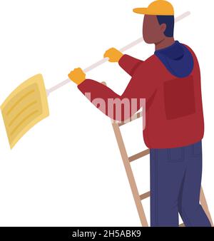 Man with shovel on ladder semi flat color vector character Stock Vector