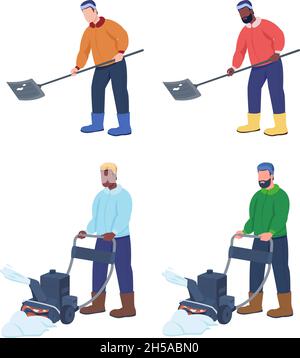 Man cleaning snow semi flat color vector characters set Stock Vector