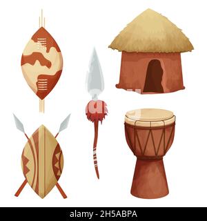 Set African hut with straw roof, shield with spear, drum in cartoon style isolated on white background. Safari tribal collection, rural desert building. Vector illustration Stock Vector