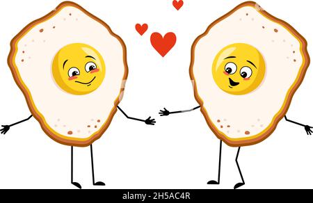 Cute character scrambled eggs with yolk and protein, with love emotions, smile face, arms and legs. Fun food for breakfast. Vector flat illustration Stock Vector