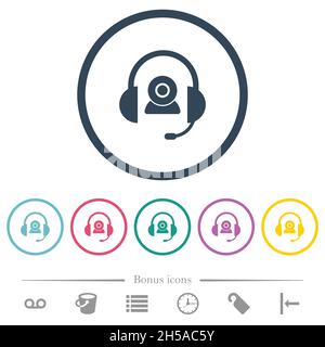 Video assistance solid flat color icons in round outlines. 6 bonus icons included. Stock Vector