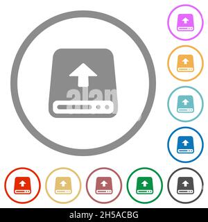 Upload from hard disk flat color icons in round outlines on white background Stock Vector