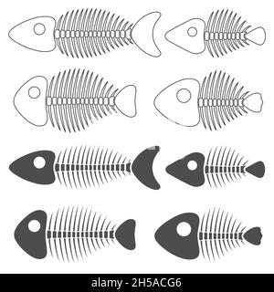 Set of black and white illustrations with fish skeletons. Isolated vector objects on white background. Stock Vector