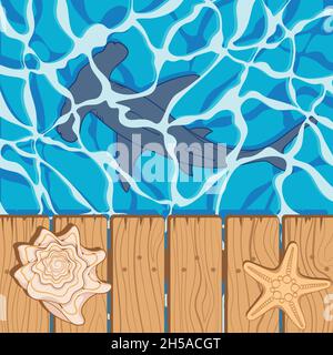 Marine color background with a shark hammer, shell and starfish. Summer vector beach background. Stock Vector