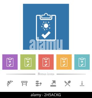 Covid test passed outline flat white icons in square backgrounds. 6 bonus icons included. Stock Vector