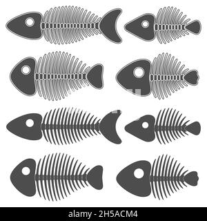 Set of black and white illustrations with fish skeletons. Isolated vector objects on white background. Stock Vector