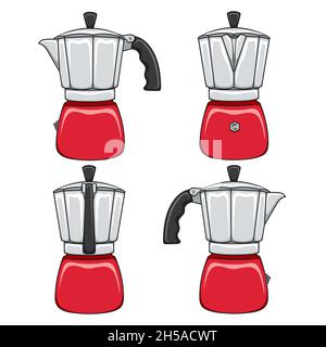 Set of color illustrations of red geyser coffee makers. Isolated vector objects on white background. Stock Vector