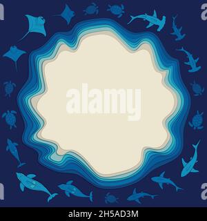 Sea background with layers of water, island and sea animals. Vector colored background with place for text. Stock Vector