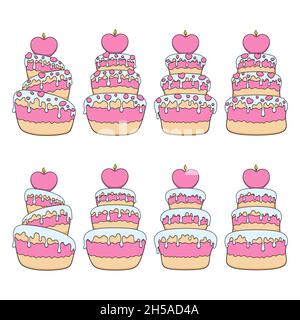 Set of color illustrations with pink and white cakes with hearts. Isolated vector objects on white background. Stock Vector