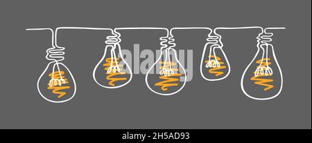Light bulbs garland drawn with continuous line. Vector illustration. Stock Vector