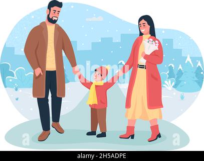Family winter walk 2D vector isolated illustration Stock Vector