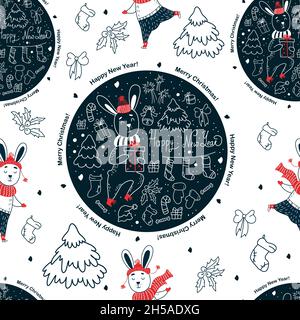 seamless pattern. Christmas Cute hares in winter clothes on white background with blue New Years decor. Vector illustration. outline Linear pattern fo Stock Vector