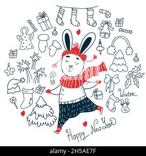 Set of design elements for Christmas design. New Years bunny on skates, Christmas sock and tree, toys and gifts in doodle style. outline Vector illust Stock Vector