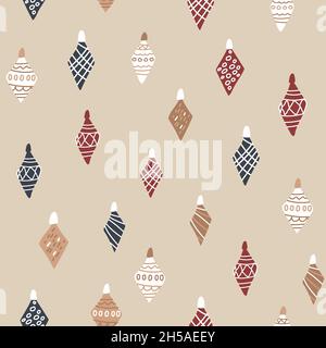 Christmas tree rhombus decorations seamless pattern. Vector illustration of isolated elements in beige, blue, white, red colors. Stock Vector