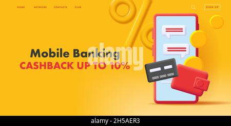 Mobile banking advertising banner with 3d illustration of a smartphone with credit card and wallet with coins and percent sign Stock Vector