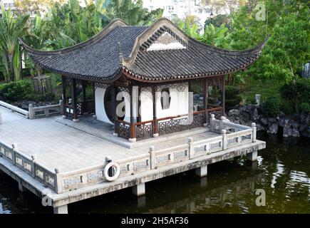 Pavilion on water, Kowloon Walled City Park, Hong Kong Stock Photo