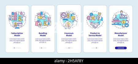 Types of business models onboarding mobile app page screen Stock Vector