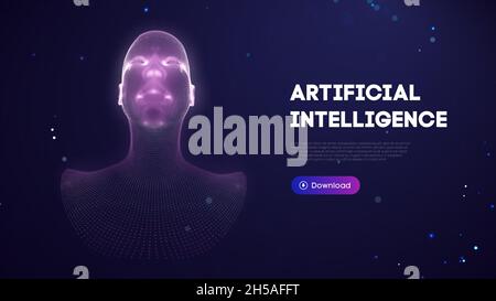 Ai digital brain. Artificial intelligence woman. Human head robot digital technology background. Stock Vector