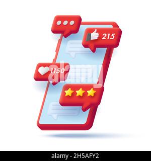 3d render isometric illustration of a red smartphone withpush notifications of likes and raiting of stars, messages screen Stock Vector