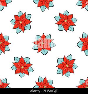 Poinsettia and holly branches vector seamless pattern. Winter flowers doodle sketch in a minimalist style. Trendy illustration for wallpaper, wrapping paper, print, winter fabric Stock Vector