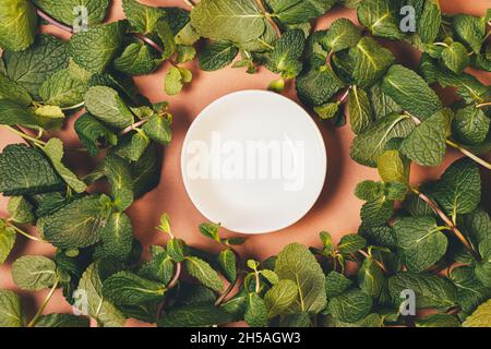 Empty ceramic bowl among lush fresh green mint leaves on brown background, top view Stock Photo