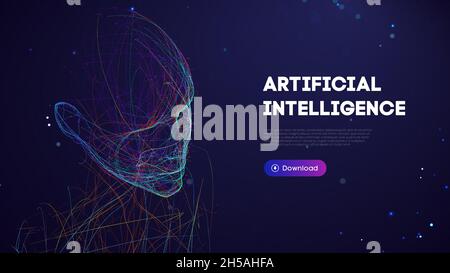 Ai digital brain. Artificial intelligence woman. Human head robot digital technology background. Stock Vector