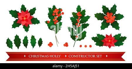 Constructor set of holiday christmas plants of holly and poinsettia with elements of branches, leaves, berries and flowers. Christmas vector decoratio Stock Vector