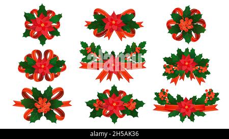 Set of christmas ribbons decorations with red bows, holly green branches and poinsettia flowers. Vector Xmas elements collection of red ribbons with h Stock Vector