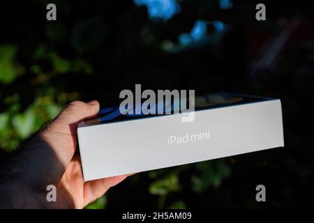 Male hand showing new carboard package of Apple Computers new latest iPad Mini stylish compact design Stock Photo