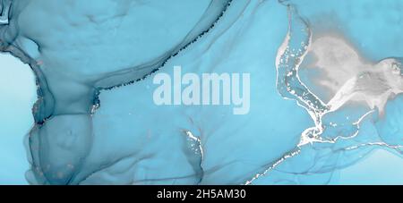 Turquoise Ocean Abstract. Hand Painted Alcohol Stock Photo