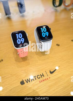 lose-up of new wearable computer Nike Apple Watch Series 7 smartwatch displaying the interface home screen Stock Photo