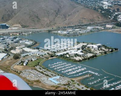 Taking off from San Francisco airport: looking down on Oyster Point Marina Stock Photo