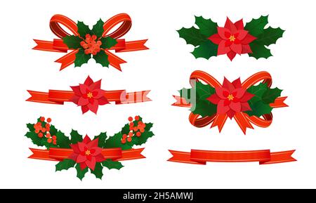 Christmas decoration elements set of red satin ribbons and bows with holly leaves and poinsettia flowers. Xmas vector set of holiday ribbons with trad Stock Vector