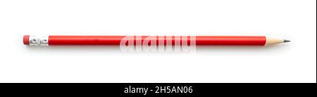 Red pencil with eraser isolated on white. Graphite pencil, red color, side view Stock Photo