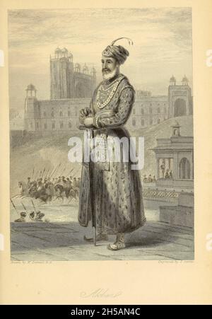 Abu'l-Fath Jalal-ud-din Muhammad Akbar (25 October 1542– 27 October 1605), popularly known as Akbar the Great (Akbar-i-azam), and also as Akbar I was the third Mughal emperor, who reigned from 1556 to 1605. Akbar succeeded his father, Humayun, under a regent, Bairam Khan, who helped the young emperor expand and consolidate Mughal domains in India. From the book ' The Oriental annual, or, Scenes in India ' by the Rev. Hobart Caunter Published by Edward Bull, London 1838 engravings from drawings by William Daniell Stock Photo