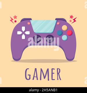 Card concept template of joystick in a flat style, isolated on a yellow background.  Stock Vector