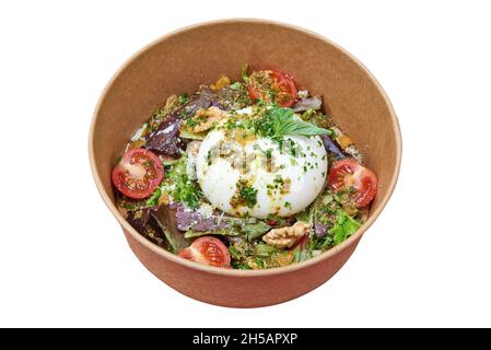 Delivery box with burrata salad. Isolated with clipping path Stock Photo