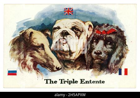 Original WW1 era comic cartoon colour postcard of 3 dogs, representing Russia, United Kingdom (the Bulldog), France (the poodle) - The Triple Entente (friendship, understanding). 1915 Stock Photo