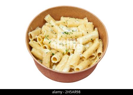 Delivery bucket box with penne and cheese. Isolated with clipping path Stock Photo