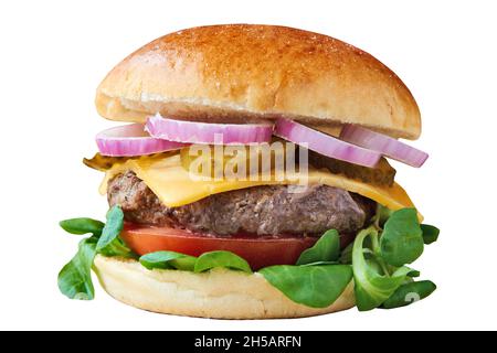 Front view of burger with Beef onions and cheese. Isolated on white with clipping path Stock Photo