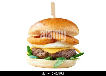 Front view of burger with Beef and calamares. Isolated on white with clipping path Stock Photo