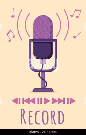 Podcast and audio icon set in a flat style, isolated on a white background. Microphone, record, music wave line icon collection. Stock Vector