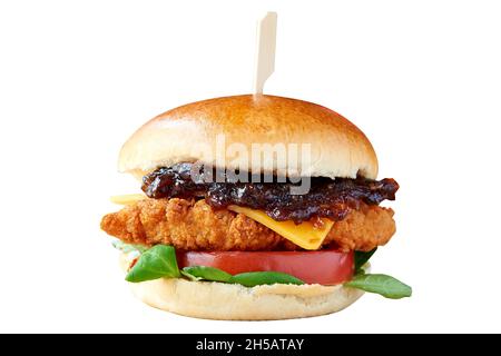 Front view of burger with crispy chicken and cheese. Isolated on white with clipping path Stock Photo
