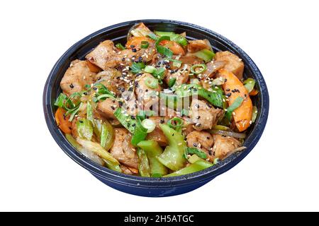 Delivery round box with chicken and ginger. Isolated with clipping path Stock Photo